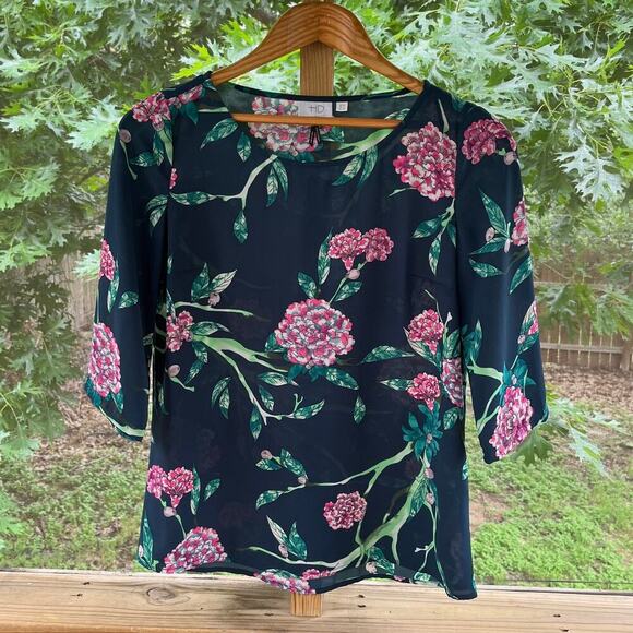 Anthropologie HD In Paris Green And Pink Floral Blouse Size 0 - Picture 1 of 6